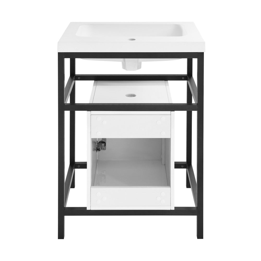 24-inch freestanding bathroom vanity in black metal frame with white single sink and open shelf.