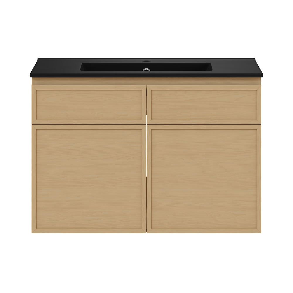 St. Tropez 30" Wall-Mounted Bathroom Vanity in Natural Oak with Black Sink Top