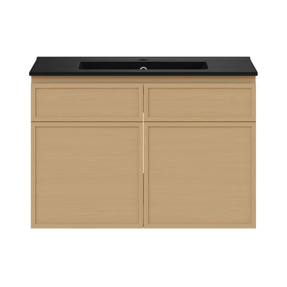St. Tropez 30" Wall-Mounted Bathroom Vanity in Natural Oak with Black Sink Top