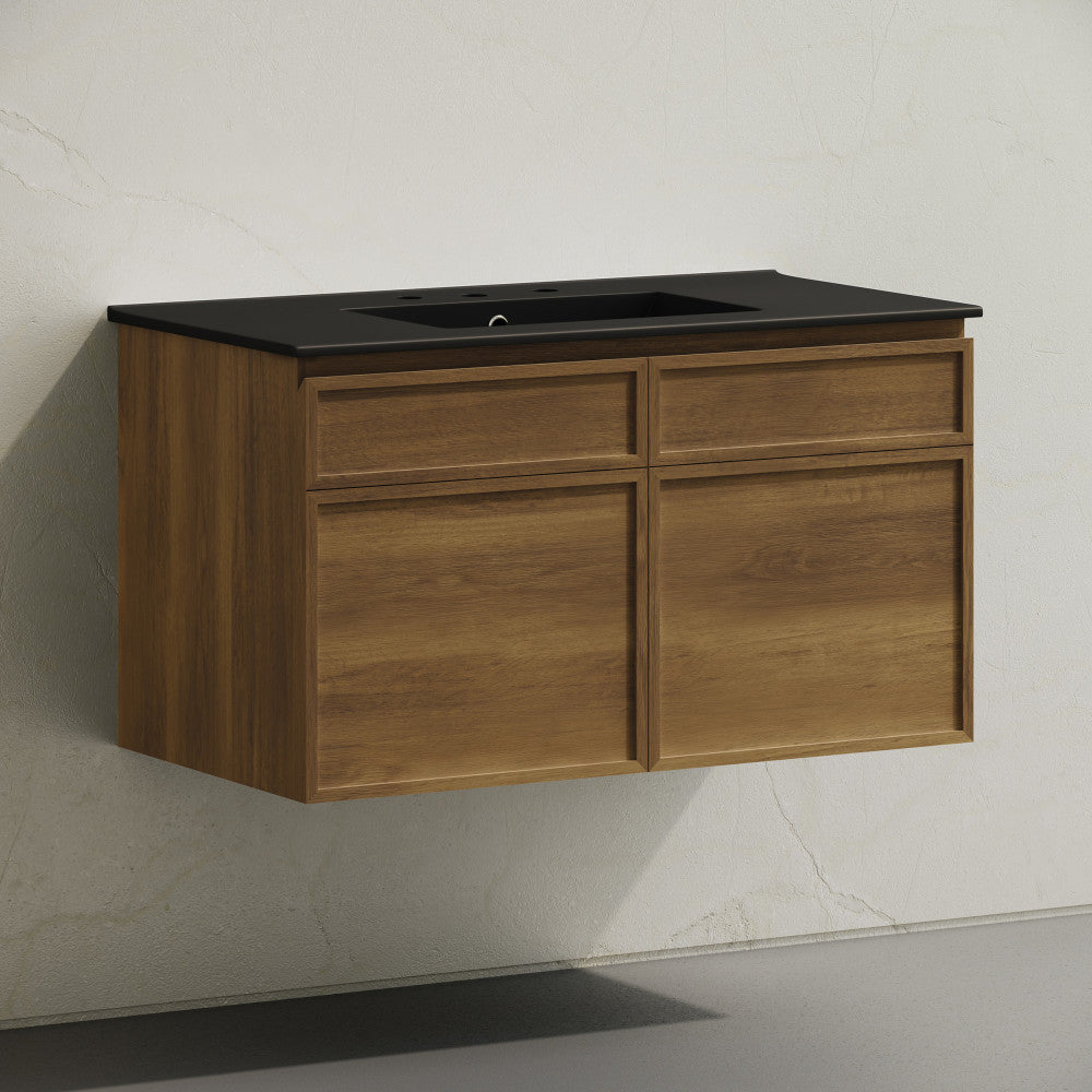 St. Tropez 36" Wall-Mounted Bathroom Vanity in Brown Oak with Black 3-Hole Widespread Sink Top