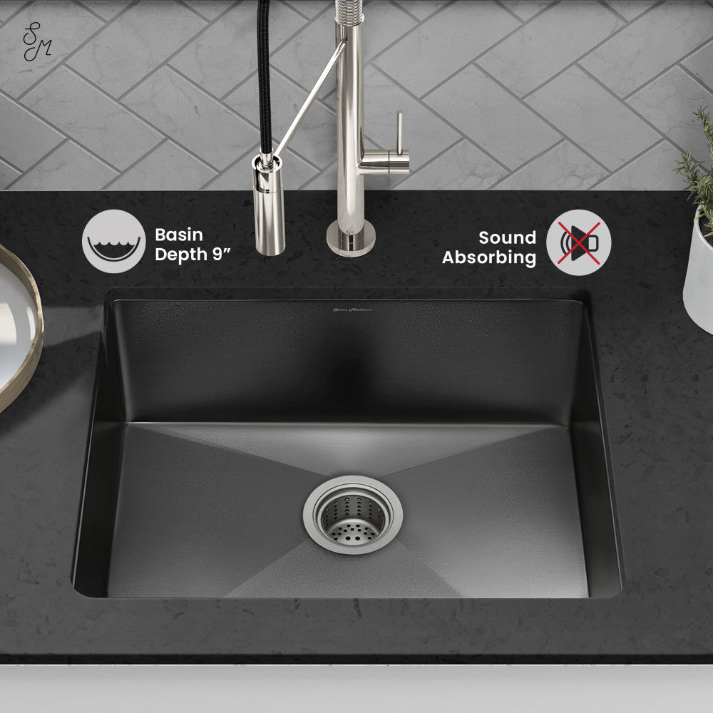 23 x 18-inch black stainless steel undermount single basin kitchen sink with sound-absorbing feature.