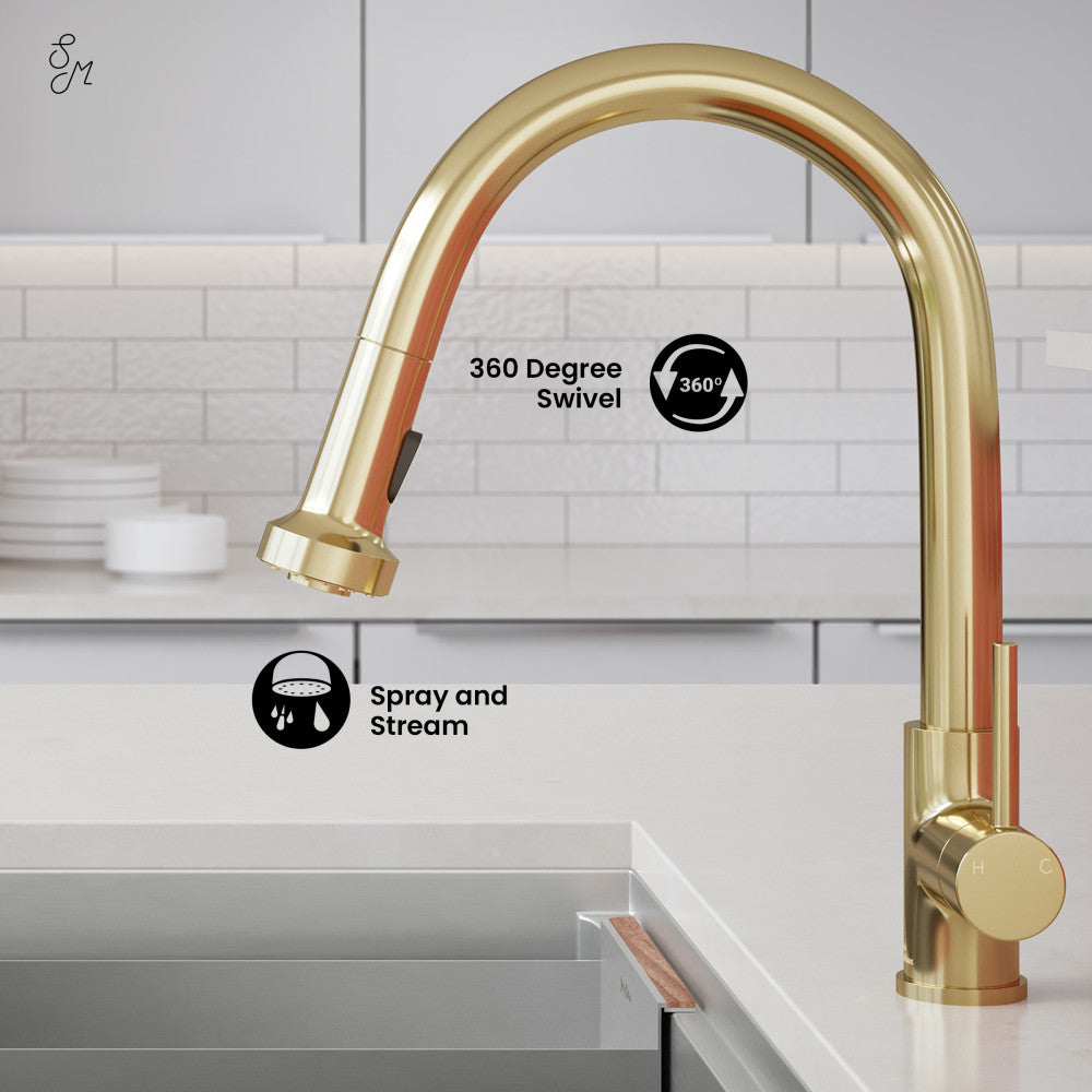 Single handle pull-down kitchen faucet in brushed gold with 360-degree swivel and spray stream options.