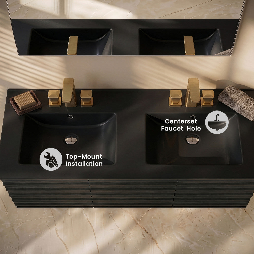 48" 3-Hole Centerset Double Basin Vanity Sink Top in Matte Black