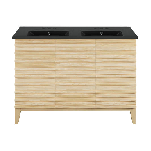Cascade 48 in. Natural Oak, Double Basin Bathroom Vanity With Black, 3-Hole Centerset Ceramic Sink Top