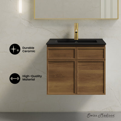 St. Tropez 24" Wall-Mounted Bathroom Vanity in Brown Oak with Black Sink Top