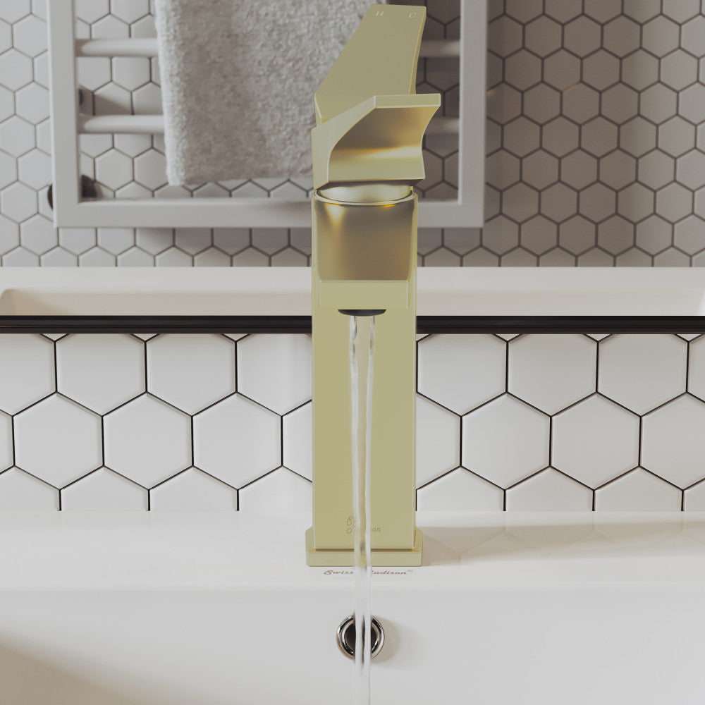 Single-handle bathroom faucet in brushed gold, sleek modern design with angled spout and lever handle.