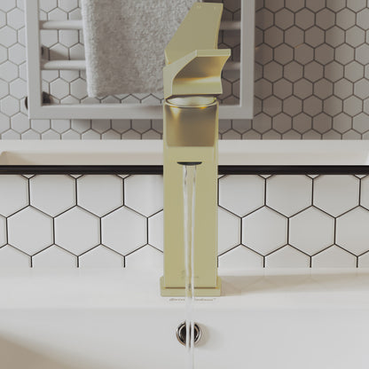 Single-handle bathroom faucet in brushed gold, sleek modern design with angled spout and lever handle.
