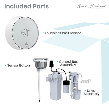 Touchless retrofit kit in white and chrome, electric sensor with control box and drive assembly.