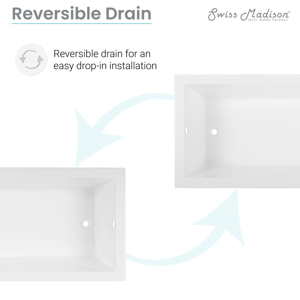 Drop-in bathtub 72x36 inch, reversible drain, white rectangular design.