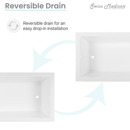 Drop-in bathtub 72x36 inch, reversible drain, white rectangular design.