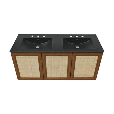 Classe 48" Wall-Mounted Bathroom Vanity in Brown Oak with Black 3-Hole Widespread Double Basin Sink Top
