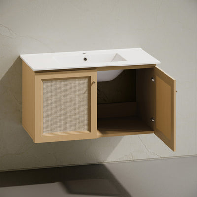 Classe 36" Wall-Mounted Bathroom Vanity in Natural Oak with Single Faucet Hole Vanity Top