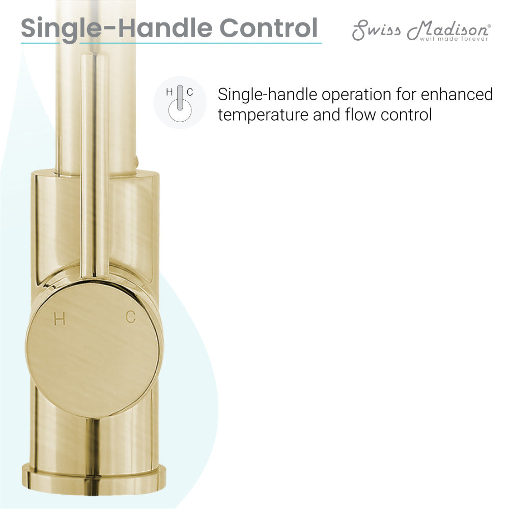 Single-handle kitchen faucet in brushed gold, pull-down spout, round control knob.