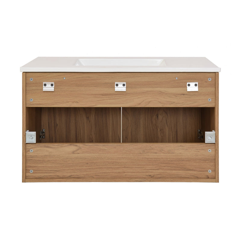 Classe 36 in. Brown Oak Wall Hung Bathroom Vanity With White, 3-Hole Ceramic Sink Top