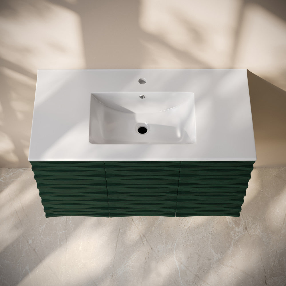 Cascade 36" Wall-Mounted Bathroom Vanity in Green Oak with Sink Top