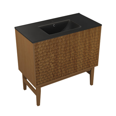 Bosse 36" Freestanding Bathroom Vanity in Brown Oak with Black Sink Top