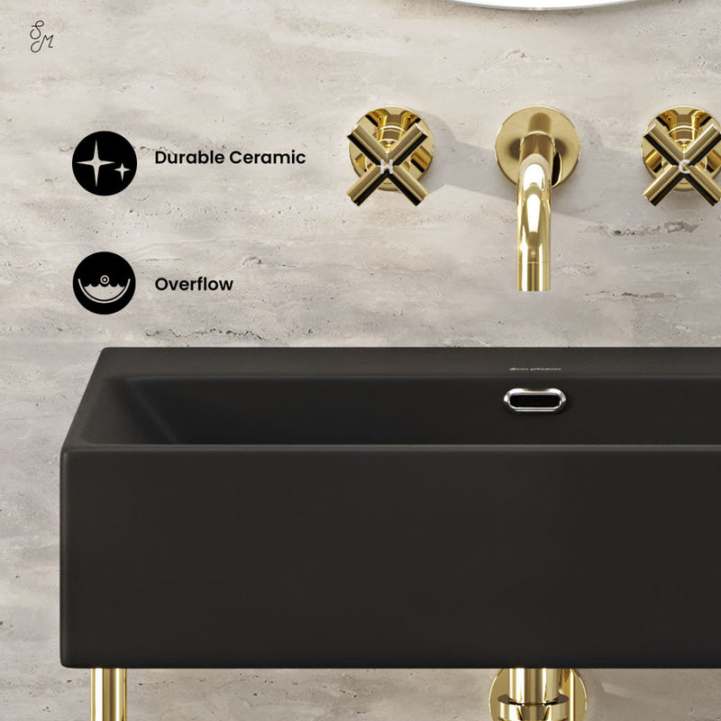 Claire 24" Rectangle Matte Black Zero Hole Console Sink with Glossy Gold Legs