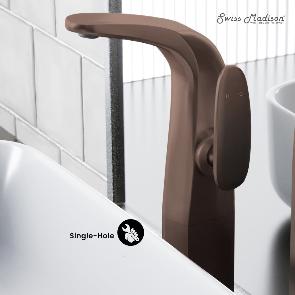 Single-hole high arc bathroom faucet in oil rubbed bronze, single-handle design.