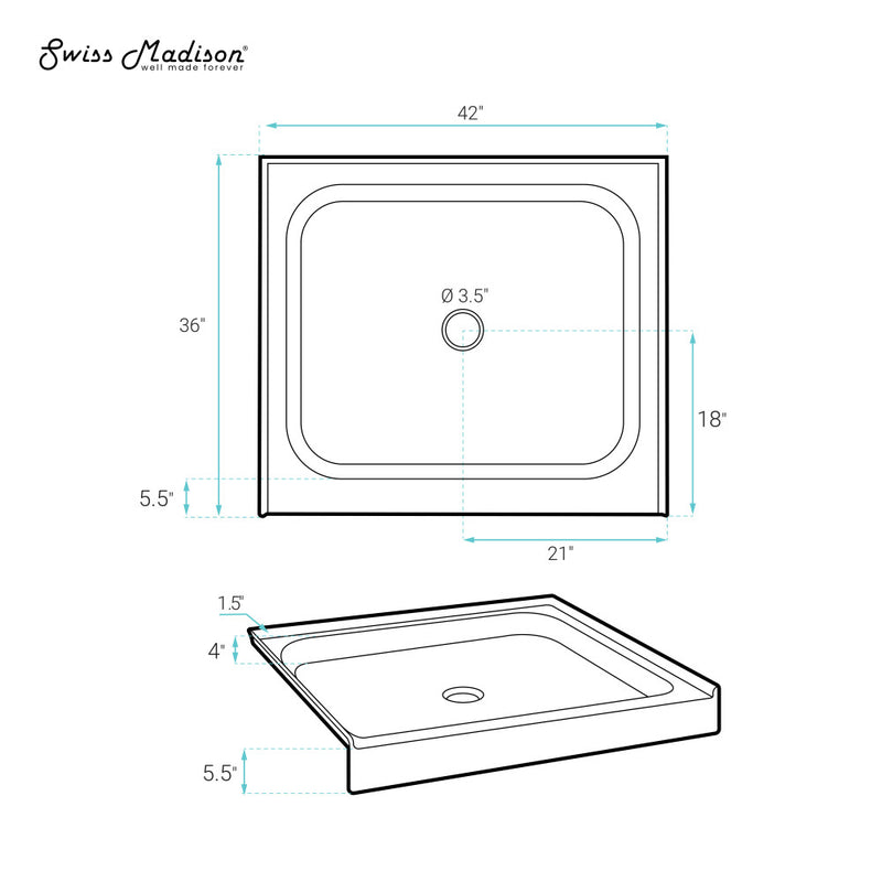 Voltaire 42" x 36" Acrylic White, Single-Threshold, Center Drain, Shower Base