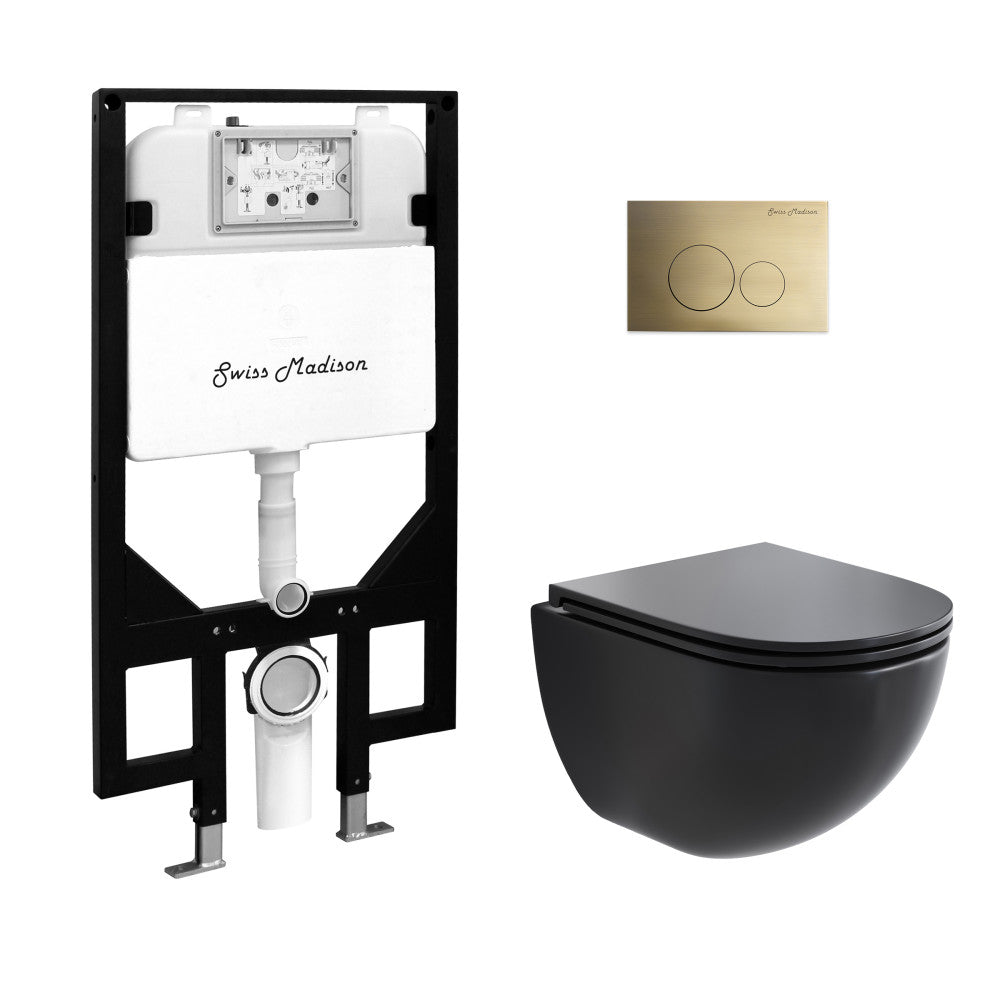 St. Tropez Wall-Hung Toilet Bundle 0.8/1.6 GPF Dual Flush in Matte Black with Brass Flush Plate
