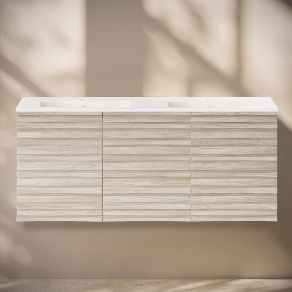 Cascade 48" Wall-Mounted Bathroom Vanity in White Oak with Double Basin Sink Top