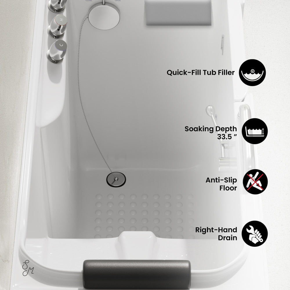 Auvergne 53" x 27" ADA Right Drain Walk-in Soaking Bathtub in Glossy White, Faucet Set, Drain, Grab Bars, Pillow Included