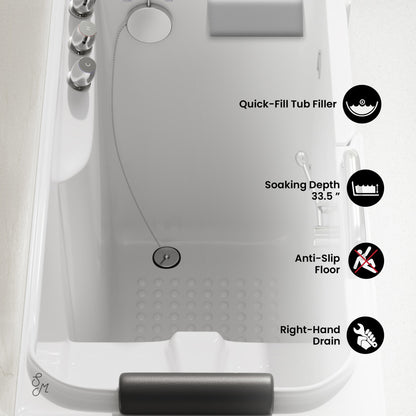 Auvergne 53" x 27" ADA Right Drain Walk-in Soaking Bathtub in Glossy White, Faucet Set, Drain, Grab Bars, Pillow Included