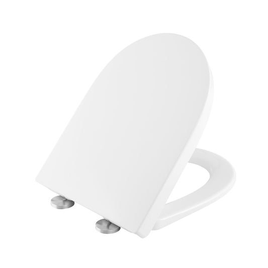 White quick release toilet seat with soft-close hinges and elongated shape.