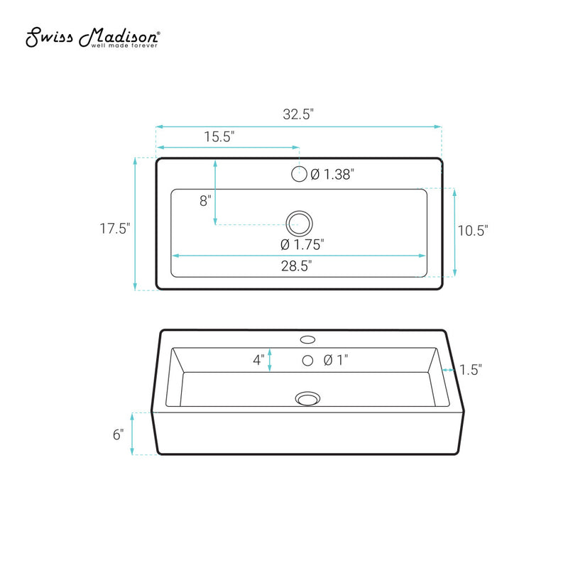 Voltaire Wide Rectangle Wall-Mount Sink in Shiny White