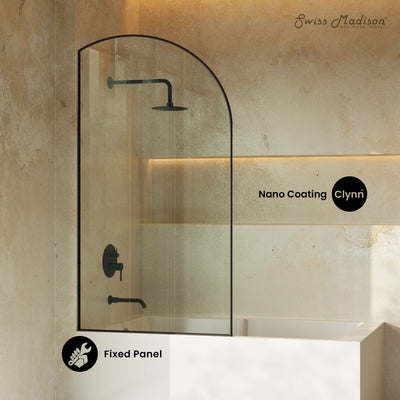 Demi 34 x 58 Framed Fixed 3/8 in. (10mm) Clear Tempered Glass Tub Door with Black Matte Frame