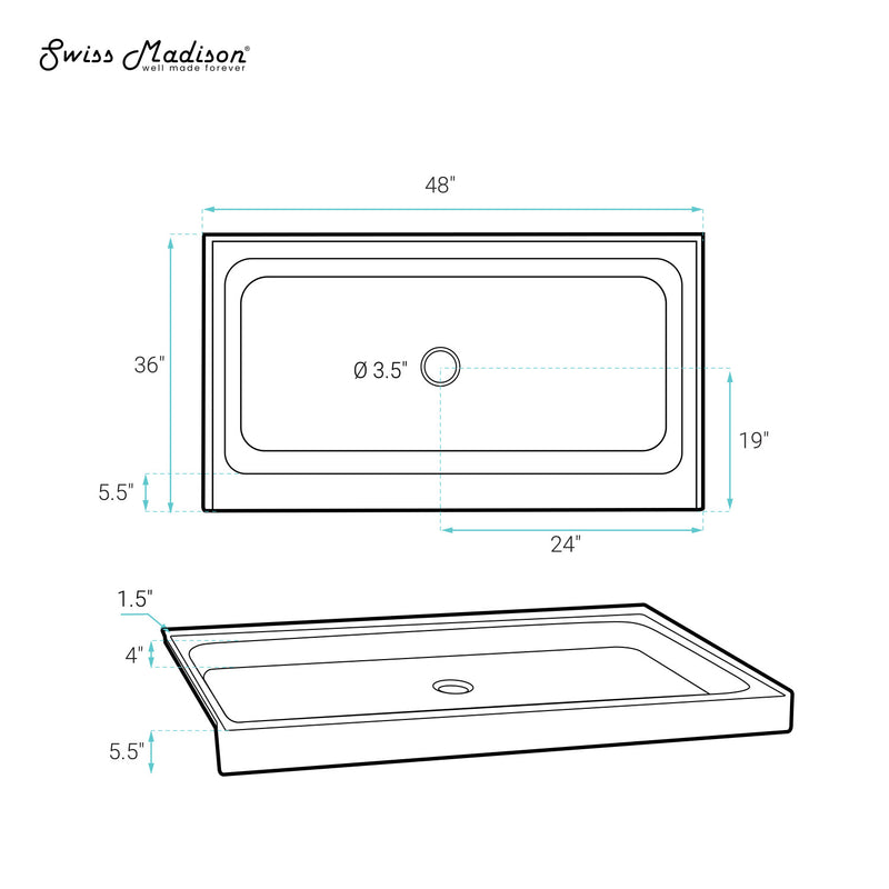 Voltaire 48" x 36" Single-Threshold, Center Drain, Shower Base in Bisque