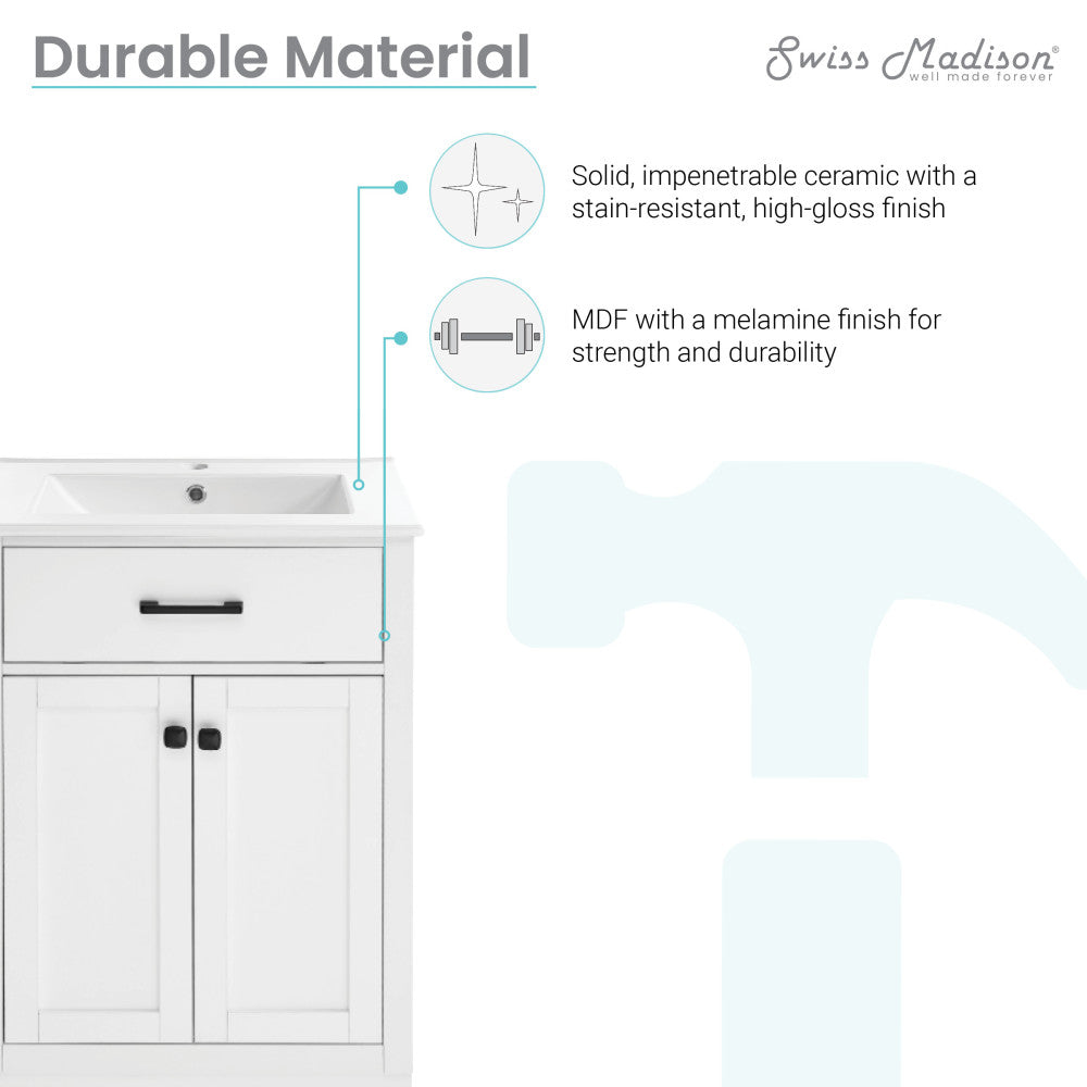 24-inch freestanding white bathroom vanity, single sink, two soft-close cabinet doors.