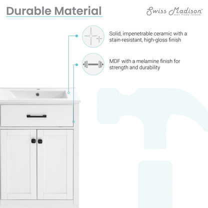 24-inch freestanding white bathroom vanity, single sink, two soft-close cabinet doors.