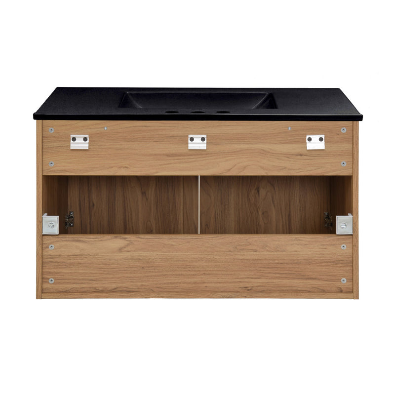 Classe 36 in. Brown Oak Wall Hung Bathroom Vanity With Black, 3-Hole Ceramic Sink Top