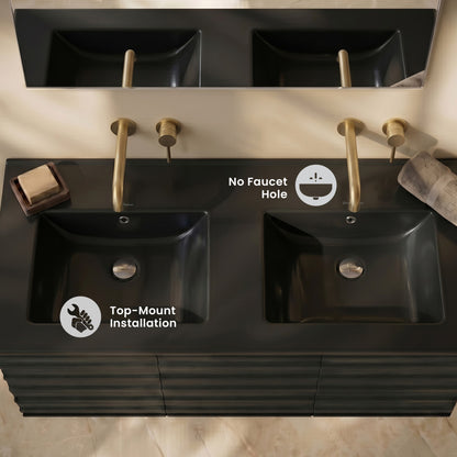 48" Zero Hole Double Basin Vanity Sink Top in Matte Black