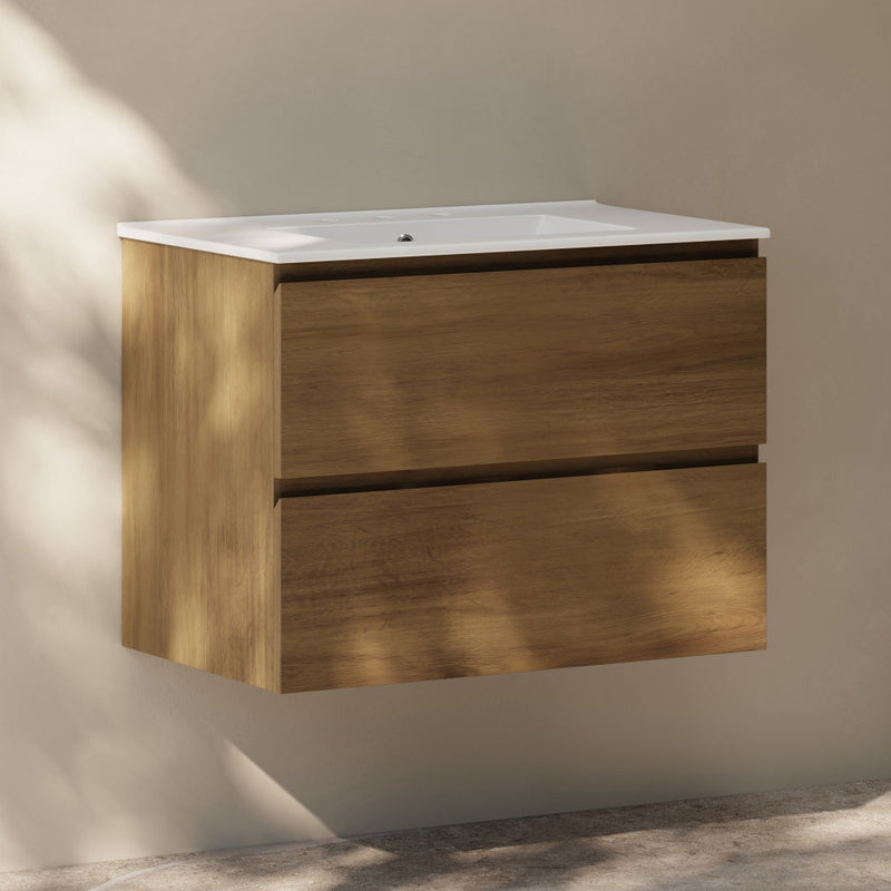 Liberte 30" Wall-Mounted Bathroom Vanity in Brown Oak with 3-Hole Widespread Sink Top