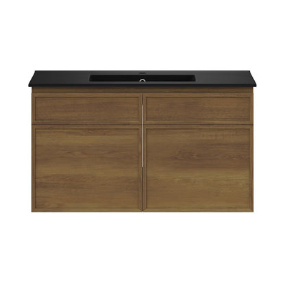St. Tropez 36" Wall-Mounted Bathroom Vanity in Brown Oak with Black Sink Top