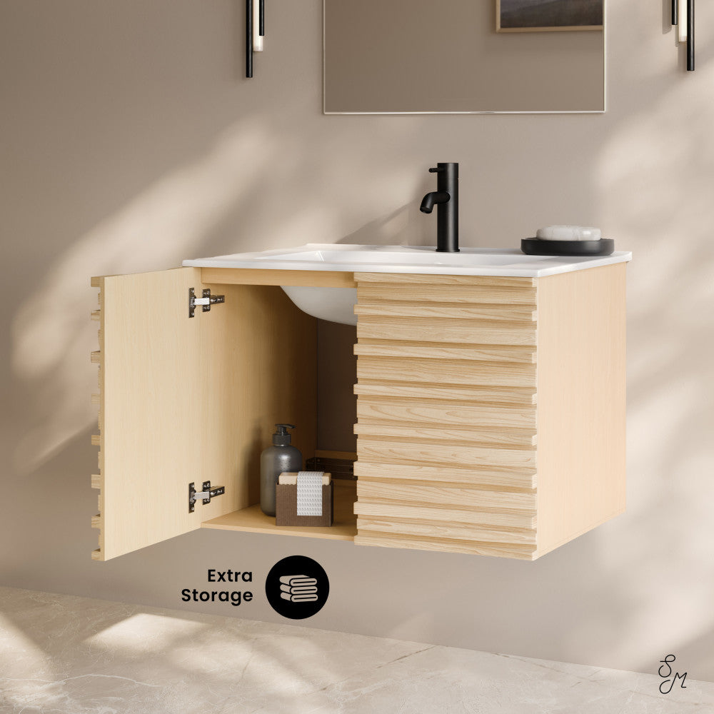 Cascade 30" Wall-Mounted Bathroom Vanity in Natural Oak with Sink Top