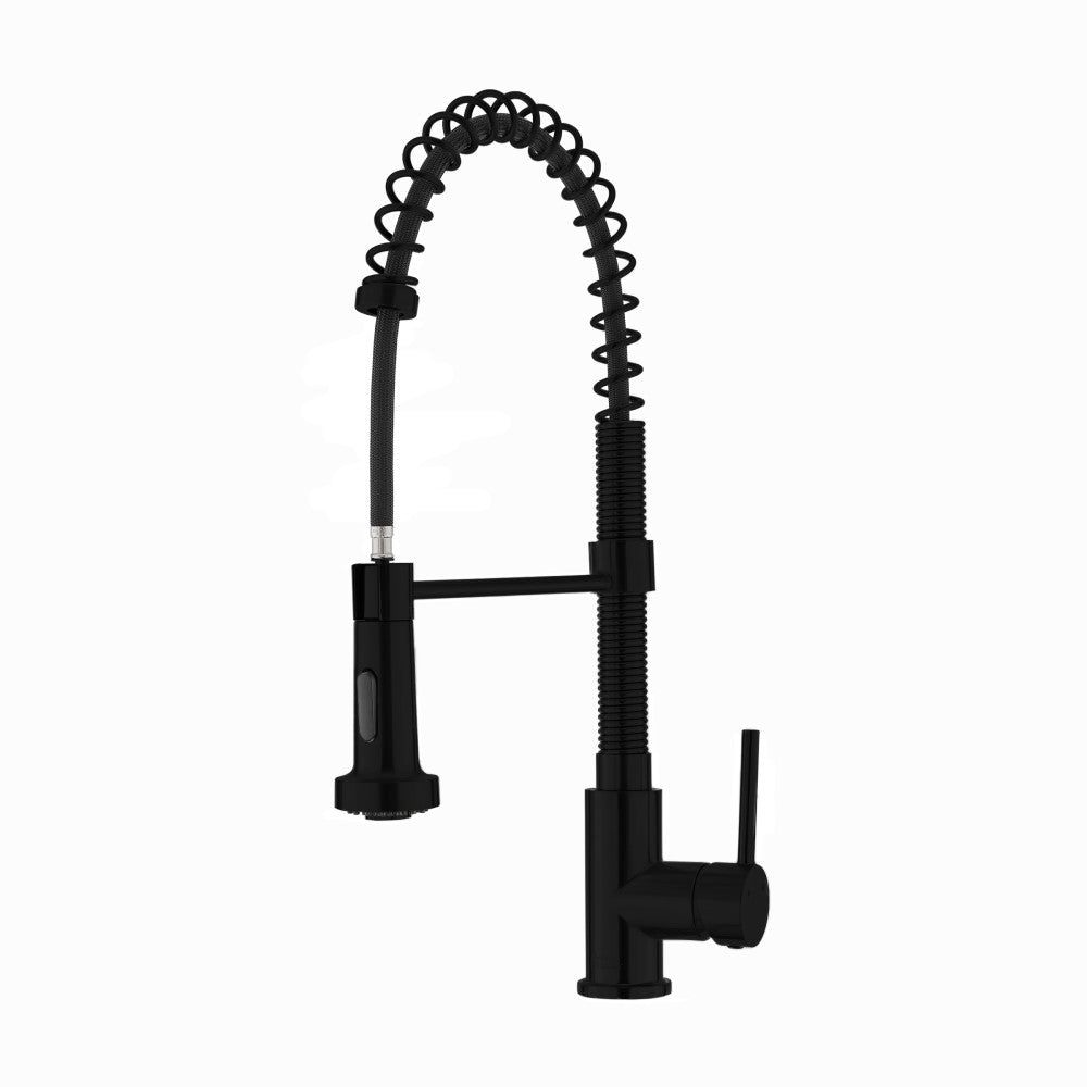 Pull-down kitchen faucet in matte black, single handle with spring coil spout and cylindrical base.