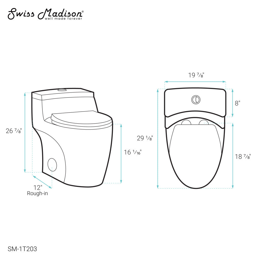 Elongated one-piece toilet with dual-flush, compact design, white ceramic, dimensions shown in blueprint style.