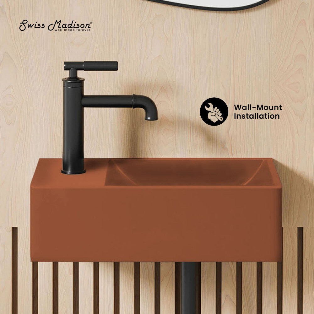 Lisse 16" Concrete Rectangle Wall-Mounted Sink with Left Side Faucet Mount in Matte Terracotta