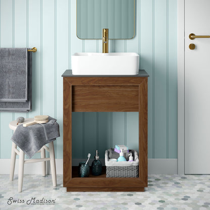 24-inch freestanding reclaimed wood bathroom vanity with slate countertop and single hole vessel sink.