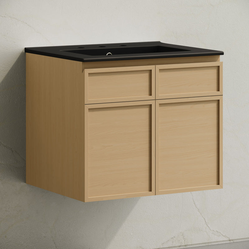St. Tropez 24" Wall-Mounted Bathroom Vanity in Natural Oak with Black 3-Hole Centerset Sink Top