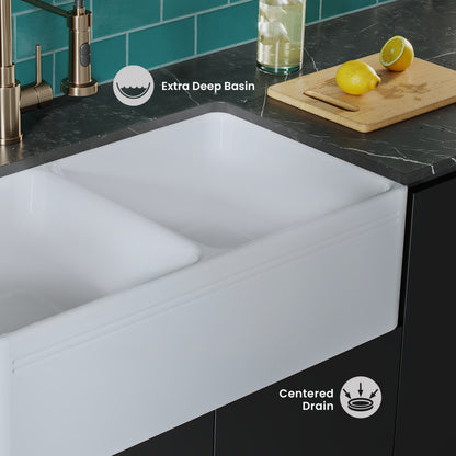 Delice 34" Double Basin Ceramic Farmhouse Kitchen Sink in Glossy White