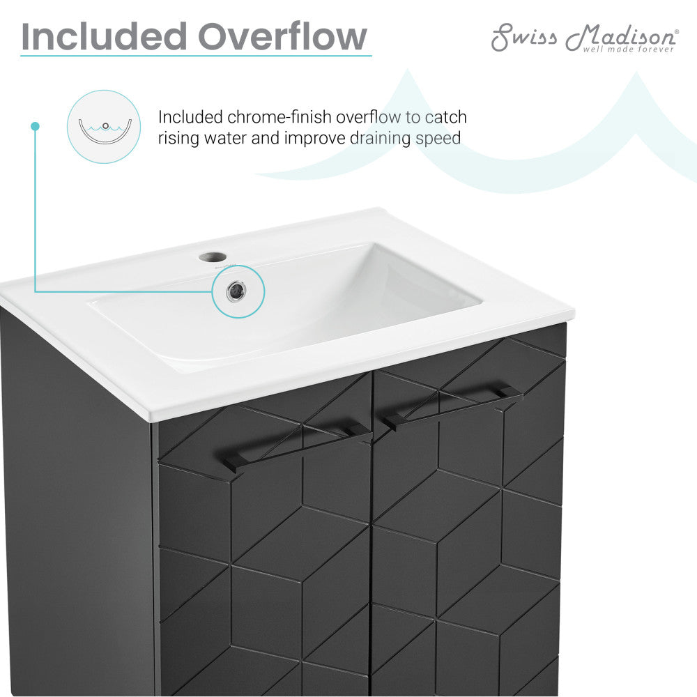 24-inch freestanding bathroom vanity in phantom black with single sink and geometric patterned doors.