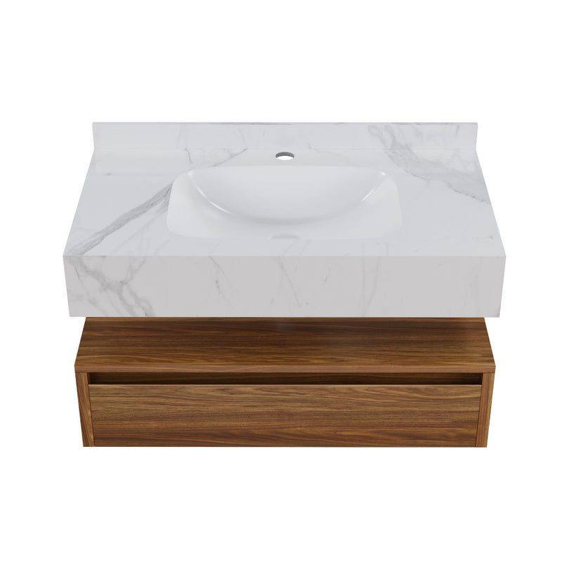 Avancer 36" Wall-Mounted Bathroom Vanity in Brown Oak with White Marble Sink Top