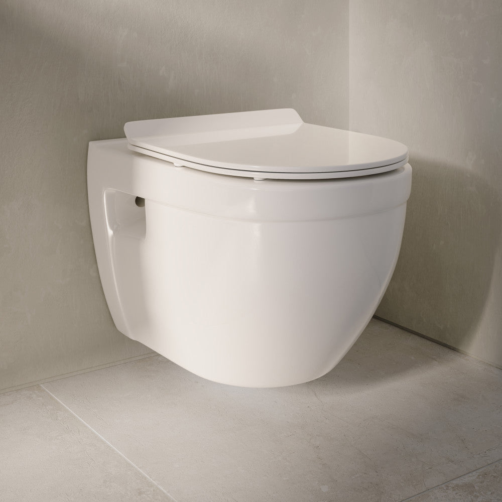 Elongated wall-hung toilet bowl in white, sleek modern design with concealed plumbing and soft-close seat.