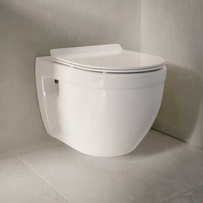 Elongated wall-hung toilet bowl in white, sleek modern design with concealed plumbing and soft-close seat.