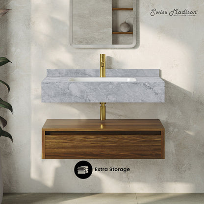 Avancer 36" Wall-Mounted Bathroom Vanity in Brown Oak with Storm Gray Sink Top