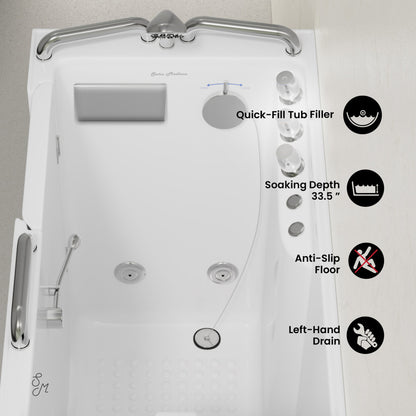 Auvergne 53" x 27" ADA Left Drain Walk-in Soaking Bathtub with Massage Jets in Glossy White, Faucet Set, Drain, Grab Bars, Pillow Included